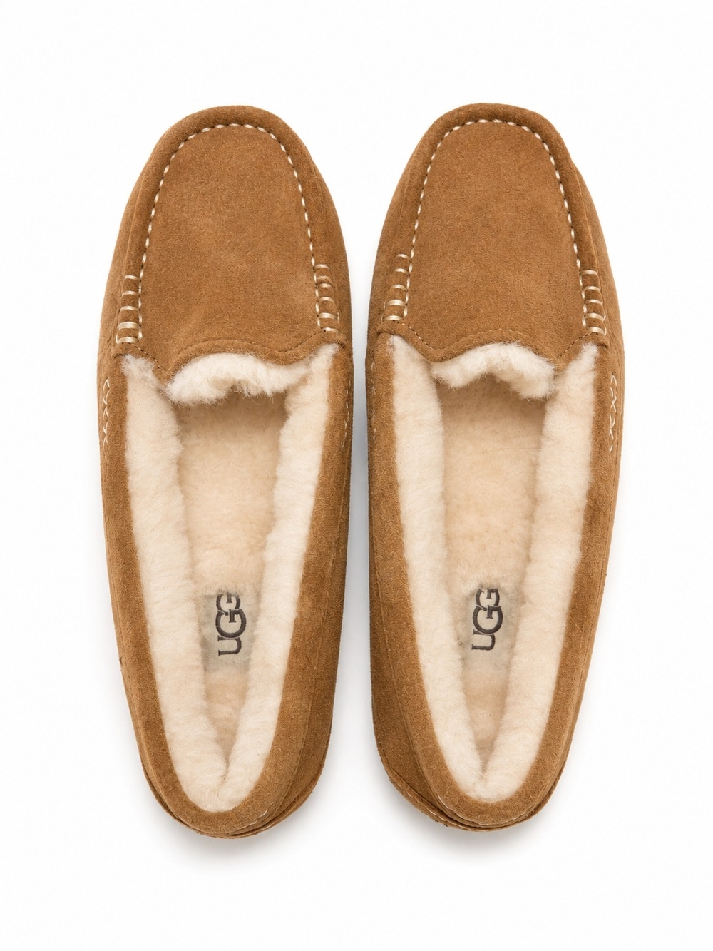 UGG Suede Shearling Moccasin Slippers, Chestnut, Size 6